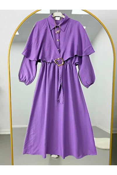 EC MODA Gold Buckle Detailed Hijab Dress with Elastic Waistband