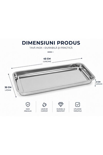OEM Tavă dreptunghiulară din inox pentru cuptor, cu margini înălțate, 45 x 35 x 2 cm, argintiu.