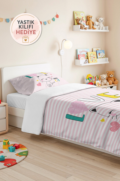 Evimde Bambaşka Pink Cat Heart Girl's Pique Set - Pastel Striped Baby Room Be...