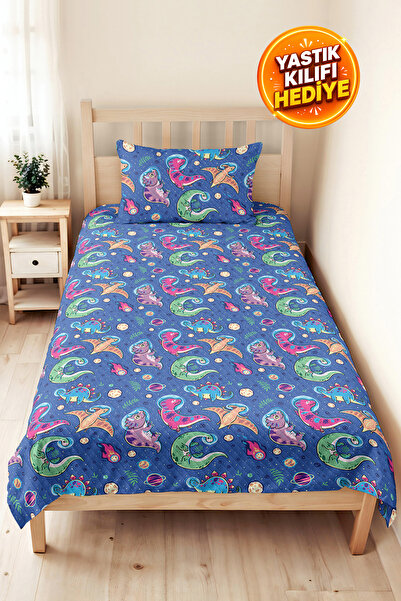 Evimde Bambaşka Blue Dinosaur Space Boys' Room Single Pique Set - Galaxy Purp...