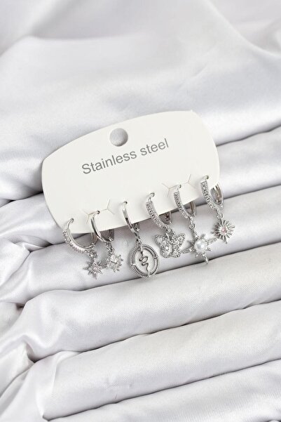 Clariss 316L Steel Silver Color Zircon Stone Charm Detailed Women's Earring Set