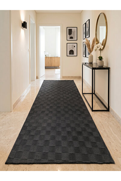 Myevilla Kare Desenli Antrasit Salon Antre Çocuk Odası Kaymaz Taban Modern De...