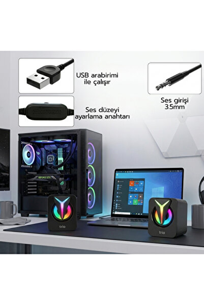 VOREX Trio S3 Mini 2.0 RGB Işıklı USB Multimedia Hoparlör 5W 3.5mm Stereo PC Laptop Masaüstü
