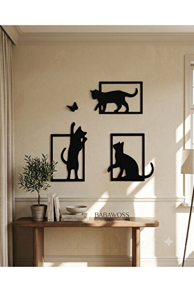 BaBaWoSs Minimalist 3'lü Kedi Duvar Panosu - Kolay Montaj Dekoratif Obje