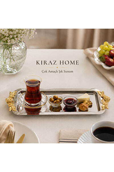 KİRAZHOME Şık 6’lı Paslanmaz Dikdörtgen Sunum Tepsisi Gold Detaylı İkramlık T...