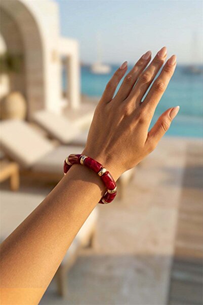 MatmazelLavinya Burgundy Bone Bracelet |   Gold Detailed Elastic Women's Brac...