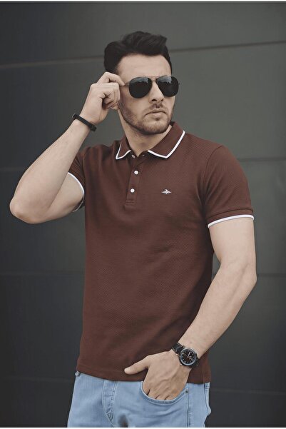 Oksit Lufy Snap Fastener Men's Textured Polo Collar T-Shirt - Stripe Detail