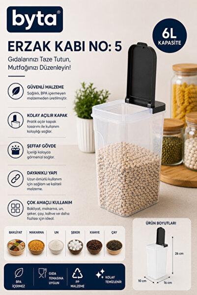 BYTA 6 L Food Storage Container with Lid Bpa Free Transparent Pasta, Flour, L...