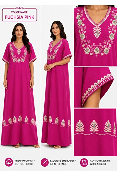 AYOUSH Women's Long Cotton Embroidered Gown - Short Sleeves - Comfortable Ori...