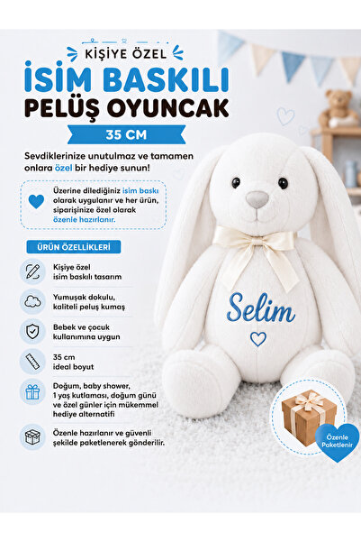 Kişiye özel isim baskılı beyaz peluş tavşan uyku arkadaşı