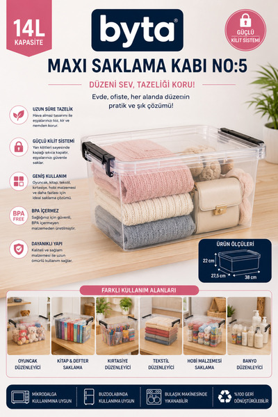 BYTA 14 L Multi-Purpose Storage Box with Lockable Lid Transparent Organizer B...