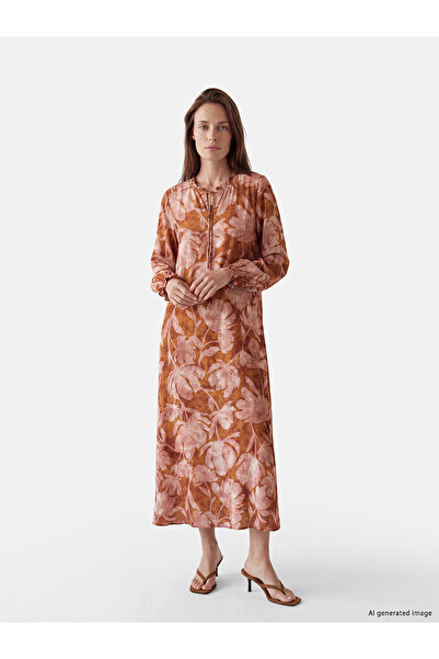 LC Waikiki Peak New Season Ruffled Tie Collar Patterned Dress