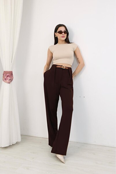 Mersella Calista Women's High Waist Wide Leg Fabric Trousers with Belt Detail...