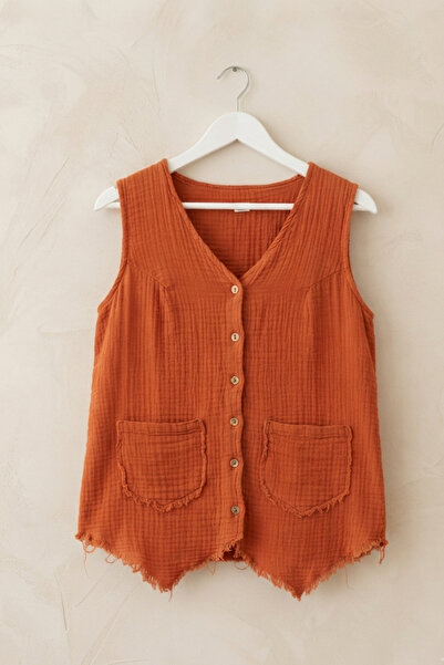 uraltaytowel Kiremit Kadın Vintage Müslin Yelek Boho Stil Düğmeli Bluz Yazlık...