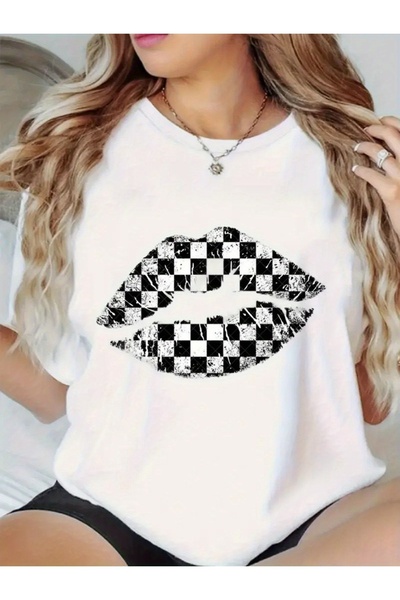 1001 Line تي شيرت نسائي كاجوال فضفاض بأكمام قصيرة - طباعة شفاه هندسية مع نمط ...