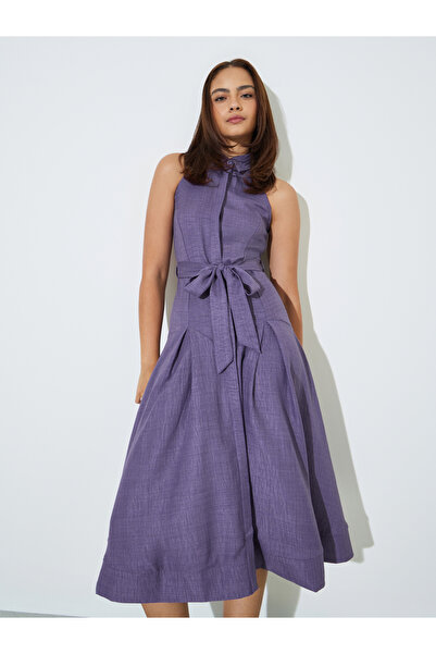 Styli Purple Sleeveless Shirt Midi Dress with Tie-Belt