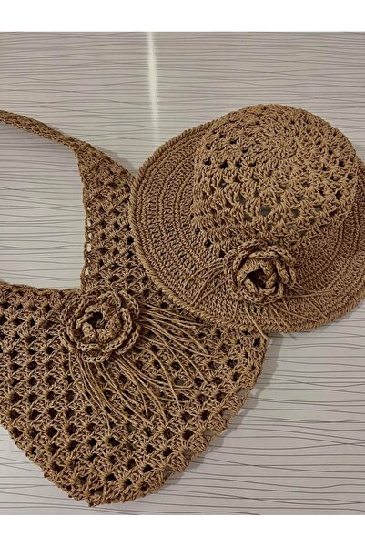ARTTMACRAME مجموعة قبعة وحقيبة من القش |   مجموعة إكسسوارات نسائية لحقيبة الش...