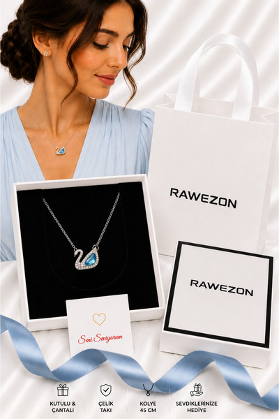 RAWEZON Steel Blue Stone Swan Necklace with Box and Bag - Valentine's Day Gif...