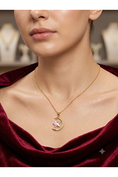 LuneraDesign Gold Color Moon Star Figured Steel Necklace with Zircon Stone Wo...