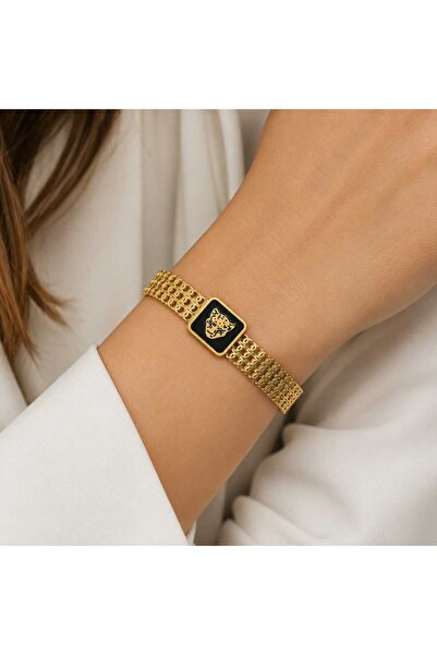 Bittox Leopar Figürlü Gold Çelik Kelepçe Bileklik Kare Siyah Detaylı Kadın Bi...