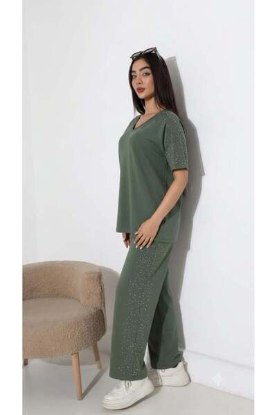 Elaxi Women's Spreader Stone Detailed V-Neck Oversize T-Shirt Pants Set