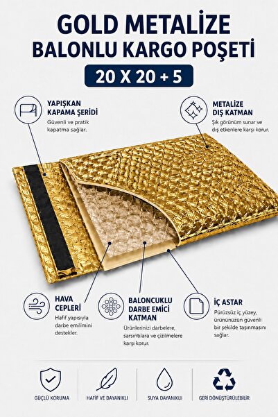 Ezupack Gold Metalize Cool Mailer Balonlu Bantlı Torba (20x20+5) Kargo Torbas...