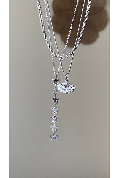 Petek Collection 3-Piece Silver Steel Necklace Combination (Star Y, Fan, 60 c...