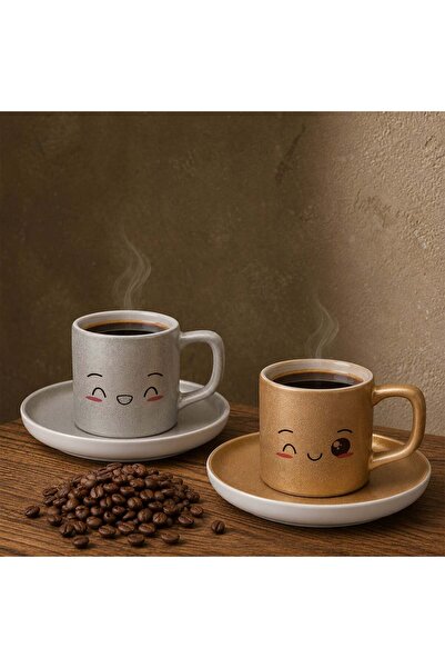 Bk Gift طقم من 2 فناجين قهوة تركية من السيراميك بتصميم وجه إيموجي باللونين ال...