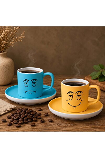 Bk Gift Set of 2 Ceramic Turkish Coffee Cups with Turquoise and Yellow Color ...