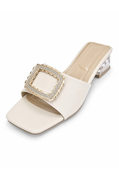 Castle Black Stella Stone Buckle Transparent Heel Women's Slippers Beige Color