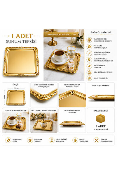 Turkco Self-Patterned Gold Stainless Steel Presentation Tray 21.5X21.5 cm Cof...