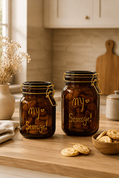 Jenisa Set of 2 Amber Glass Lockable Vacuum Storage Jars 1 L+1.5 L Airtight F...