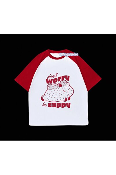 Minga London تي شيرت بأكمام راجلان حمراء مطبوع عليه Don't Worry Be Cappy