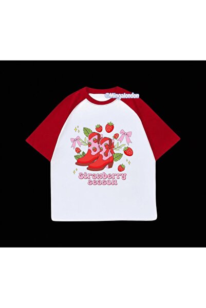 Minga London Strawberry Season Printed Red Raglan Sleeve T-Shirt