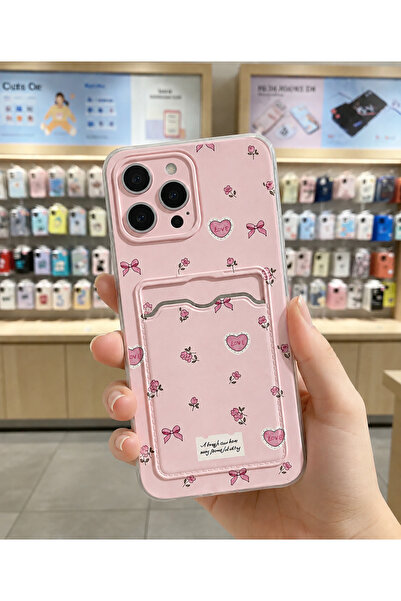 OVADA İphone 14 Pro Max Uyumlu Kamera Korumalı Kartlıklı Kalp Çiçek Desenli T...