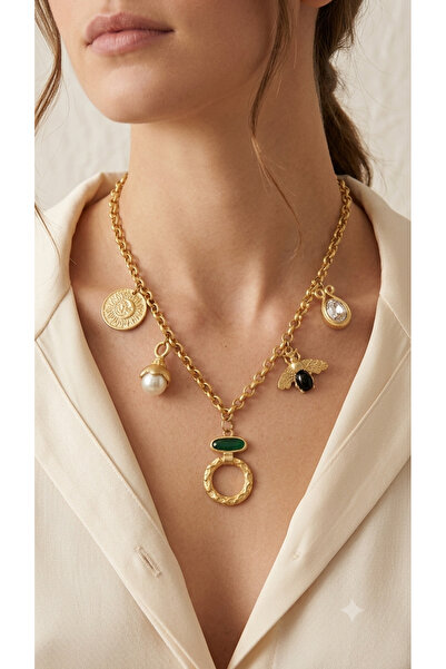 Yaseminli Butik Gold Color Charm Necklace with Stone and Pearl Detail