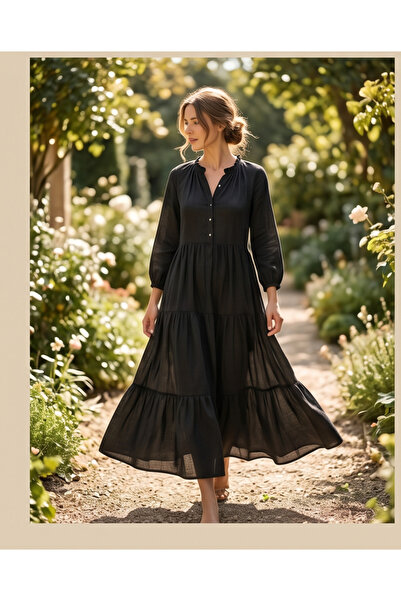 İthal Kadın Resort Wear V Yaka Keten Salaş Elbise