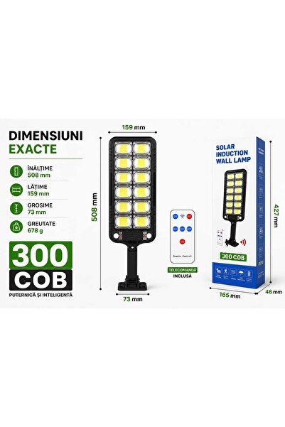 ASMXX Lampă Solară 300 COB cu Senzor de Mișcare, Telecomandă, IP65, 3 Moduri de Funcționare, Baterie Litiu, Încărcare Solară, Iluminare Exterior Curte, Grădină, Terasă,
