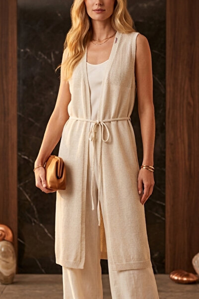 zerfu Women's Sleeveless Tie-Up Long Knit Cardigan
