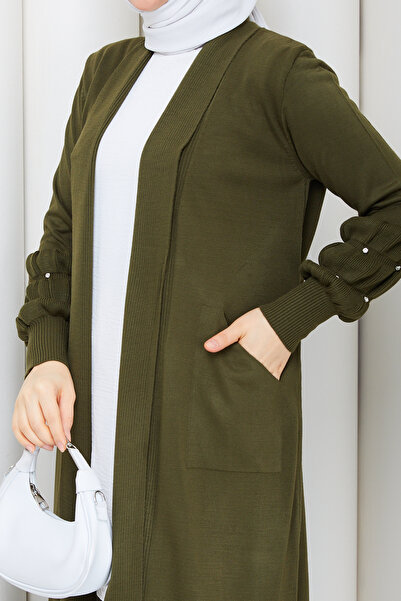 Pamuk Butik Women's Knitwear Cardigan with Stone-Embellished Sleeves and Pockets