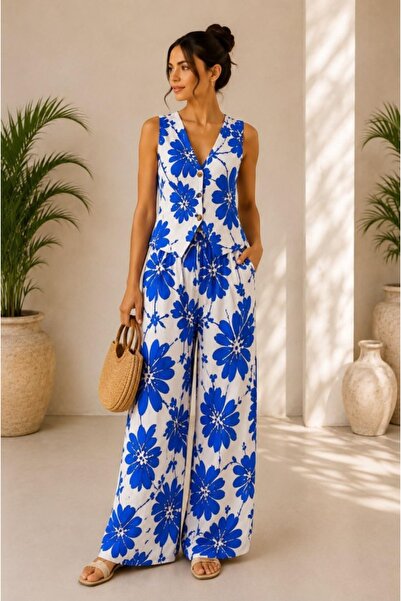 FashionForYou Ελαφρύ κοστούμι Αριόζο, με μεσογειακό σχέδιο, παντελόνι παλάτσο...