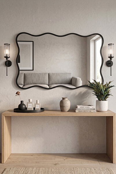 Fawdecor Ahşap Çerçeveli Dikdörtgen Duvar Aynası Dalgalı Dekoratif Modern Sal...