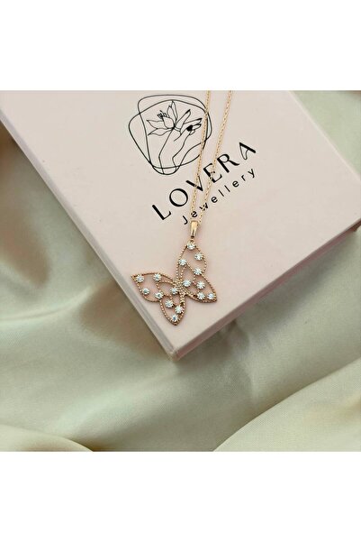 Lovera Jewellery 925 Ayar Gümüş Sertifikalı Rose Renk Zirkon Taşlı Kelebek Kolye