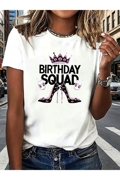 BASEPULSE Women' Birthday Squad Crown High-Heel Graphic T-Shirt - Short-Sleev...