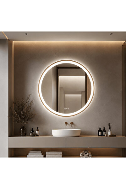 LedCorp Oglindă LED 80x80 cm cu ramă aurie, Senzor de mișcare premium - 3 tip...