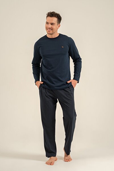 Arnetta Men's Navy Blue Embroidered Long Sleeve Pajama Set Ar3847-S-V1