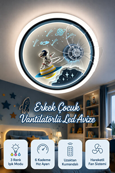 MARS CONCEPT Erkek Çocuk Odası Vantilatörlü LED Tavan Avizesi │ Mavi Uzay Ast...