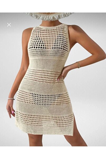 AlanTeks 100% Cotton Openwork Patterned Backless Crew Neck Sleeveless Knitwea...