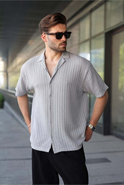Madmext Painted Gray Overfit Striped Jacquard Men's Shirt E6770