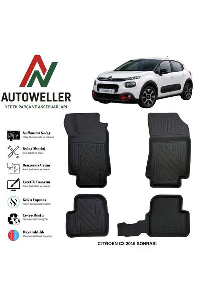 AutoWeller Citroen C3 2016 Sonrası Havuzlu Oto Havuzlu 3D TPE Oto Paspas Takımı